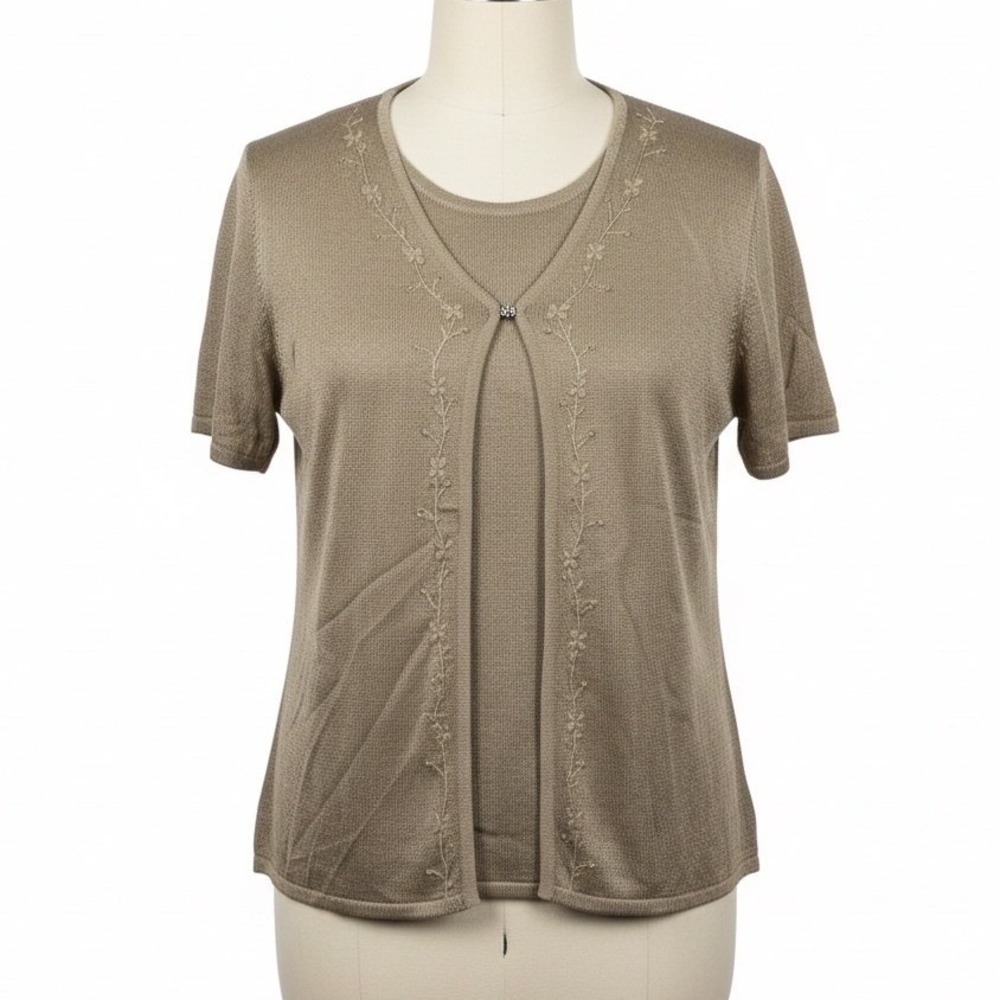 Sag Harbor Gold Shimmer Cardigan Top Womens Large Short Sleeve Layered